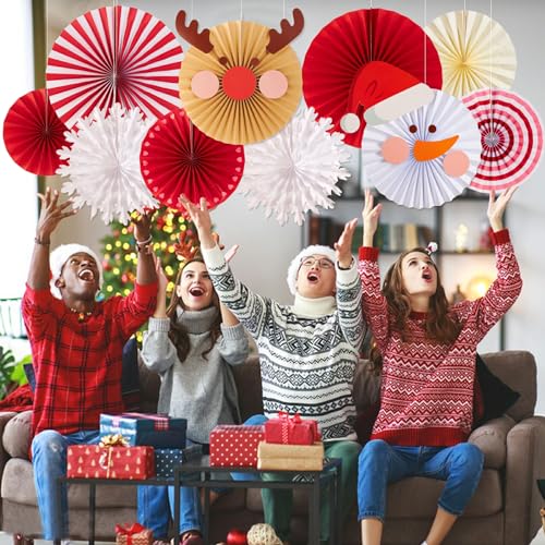 Christmas Hanging Paper Fans Decoration Red White Xmas Snowman Party Ceiling Hangings Deco Elk Tissue Paper Fans Decoration Set for Backdrops Wall Winter Party Supplies - 10pcs - color: Snowman Moose for Christmas