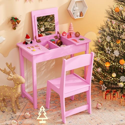 Costzon Kids Vanity, 2 in 1 Girls Vanity Set with Flip Top Mirror, Hidden Storage Space, Wooden Toddler Makeup Vanity Desk Dressing Table, Kids Vanity Table and Chair Set (Pink) - style: Pink with Flip Top Mirror