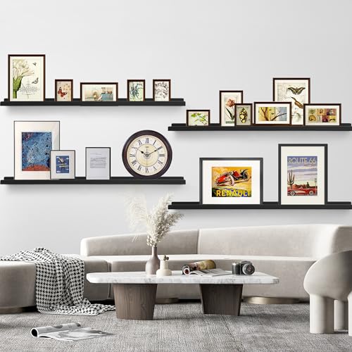 Picture Shelves for Wall,Long Floating Ledge Set of 4,Narrow Large Wood Rustic Photo Frames Vinyl Record Storage Display Nursery Kids Bookshelf Decor for Living Room Bedroom Kitchen,47'',Black - color: Black, size: 47 Inch