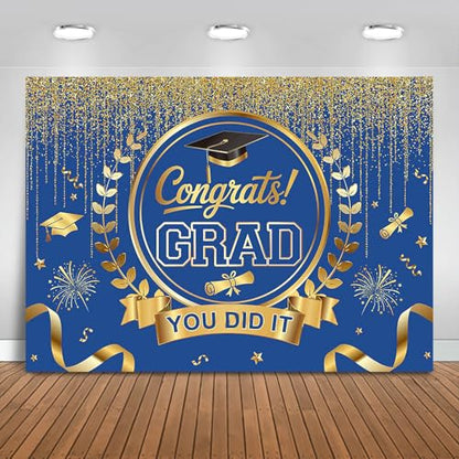 Graduation Backdrop Congrats Grad You Did It Party Decorations Background Congratulations Graduate Class of 2026 Banner Photo Booth Props (Blue and Gold, 7x5ft) - color: Blue and Gold