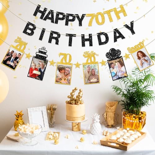 Guiruiy Black Gold 70th Birthday Decorations for Men Women, Pre-strung Glitter Happy 70th Birthday Hanging Photo Banner Party Supplies, Cheers to 70 Years Old Bday Banners - style: Black Gold 70th
