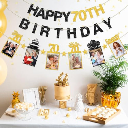 Guiruiy Black Gold 70th Birthday Decorations for Men Women, Pre-strung Glitter Happy 70th Birthday Hanging Photo Banner Party Supplies, Cheers to 70 Years Old Bday Banners - style: Black Gold 70th