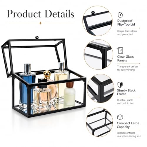 Cologne Organizer for Men, Glass Perfume Organizer Box with Flip Top Lid, Dustproof Perfume Storage Case, Clear Cologne Holder for Vanity, Bathroom Countertop, Watch, Jewelry, Fragrance Display, Black