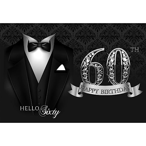 5x3ft Men 60th Birthday Backdrop Black Necktie Suit Tuxedo Hello Sixty Photography Background Luxury Silver Diamonds Men Father 60th Happy Birthday Party Supplies Portrait Photo Shoot Props - color: black silver 60, size: 5x3ft