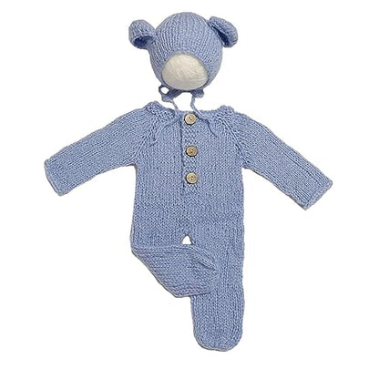 2Pcs Newborn Photography Props Boy Photo Posing Outfits Baby Photoshoots Girl Crochet Bear Hat Romper - color: Blue