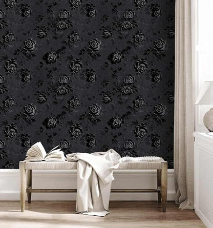 Gothic Rose Wallpaper – Black Floral Textured Peel and Stick Wallpaper, Self-Adhesive Vinyl for Home Decor, 17.7in x 236in - size: 17.7" x 236"