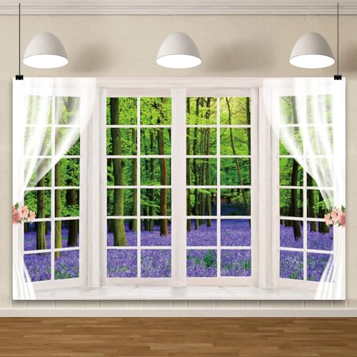YongFoto 8x6ft Spring Window Scenery Backdrop Purple Lavender Flowers Green Forest Nature Landscape Wedding Photo Background Girl Woman Birthday Party Kids Adults Portrait Photo Studio Props - color: Purple 1, size: 8x6ft