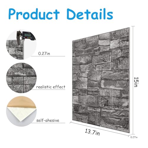 3D Wall Panels Peel and Stick in Black Grey Stone, 10 PCS XPE Foam 3D Wallpaper, Textured Faux Brick Wall Panels for Bedroom, Stairs, Kitchen - color: Black Rock, size: 10PCS