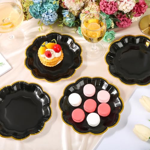 AimFun 48 Pcs Graduation Black and Gold Scalloped Paper Plates 7 Inch Disposable Dessert Plates with Gold Foil Elegant Cake Plate for Wedding Birthday Baby Shower Party Supplies - color: Black