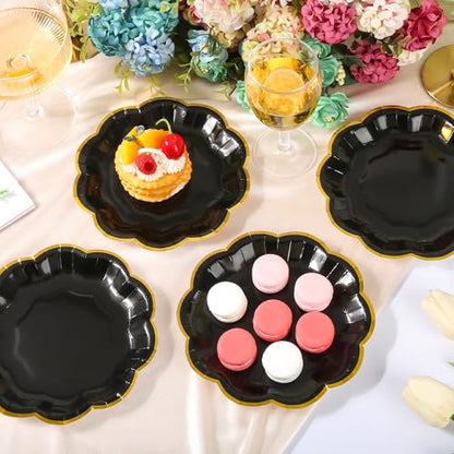 AimFun 48 Pcs Graduation Black and Gold Scalloped Paper Plates 7 Inch Disposable Dessert Plates with Gold Foil Elegant Cake Plate for Wedding Birthday Baby Shower Party Supplies - color: Black