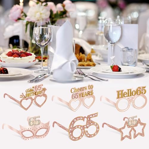 Guiruiy 24PCS 65th Birthday Eyeglasses Decorations for Women, Pink Rose Gold Happy 65th Birthday Paper Eyeglasses Party Supplies, Sixty-Five Year Old Bday Glasses Decor - style: Rose Gold 65th