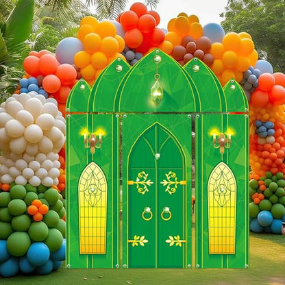 4PCS Green Castle Door Cover Party Decorations Green Castle Photography Background Fairytale Wonderland Door Hanging Porch Sign Banner for Birthday Princess Halloween Holiday Photo Prop Party Decor