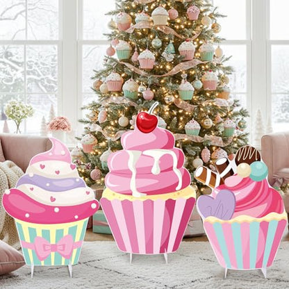 Soulchen 3 Pcs 24 Inch Large Cupcake Cardboard Cutout Photo Props Stand up Candy Land Party Decorations Cupcake Backdrop Yard Signs Christmas Candyland Party Supplies for Birthday Baby Shower - style: Cupcakes Party