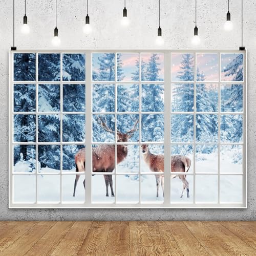8x6ft Winter Snow Reindeer Photo Backdrop Snow Forest Window View Photography Backdrop Snow Background Photo Prop Christmas Winter Tapestry for Wall Decor - size: 8x6ft-Polyester