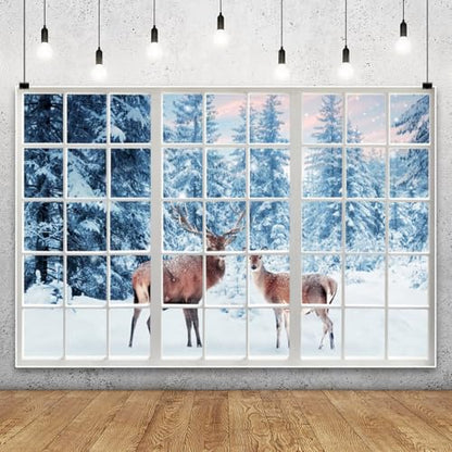 9x6ft Winter Snow Reindeer Photo Backdrop Snow Forest Window View Photography Backdrop Snow Background Photo Prop Christmas Winter Tapestry for Wall Decor - size: 9x6ft-Polyester