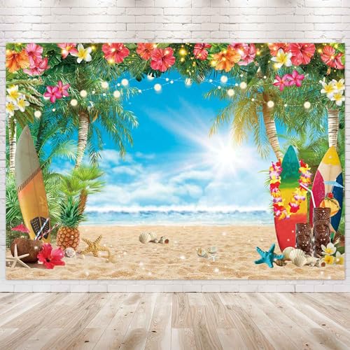7x5FT Polyester Fabric Summer Beach Hawaiian Backdrop Seaside Tropical Flower Palm Leaves Surfboard Photography Background for Luau Aloha Party Decoration Banner Picture Photo Booth - size: 7'x5'