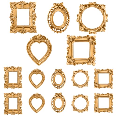 Vicenpal 15 Pcs Vintage Mini Picture Frames Baroque Antique Small Resin Jewelry Display Table Frame for Christmas DIY Photo Holiday Party Decoration (Gold) - color: Gold