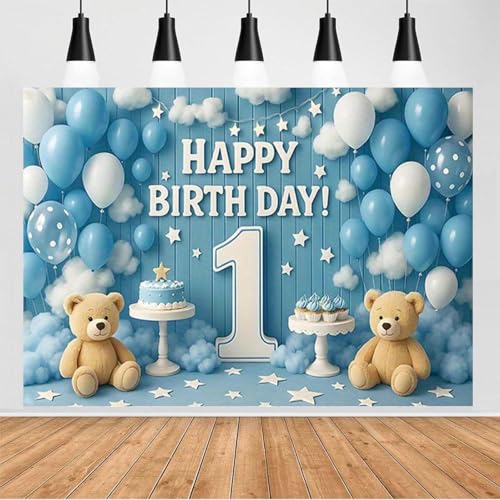 1st Happy Birthday Backdrop Blue Balloons Clouds Large Number 1 Text Design Newborn Boy Girl Birthday Party Decoration One Year Old Kids Cake Smash Decoration Studio Photo Props (B, 7X5FT) - color: B, size: 7X5FT