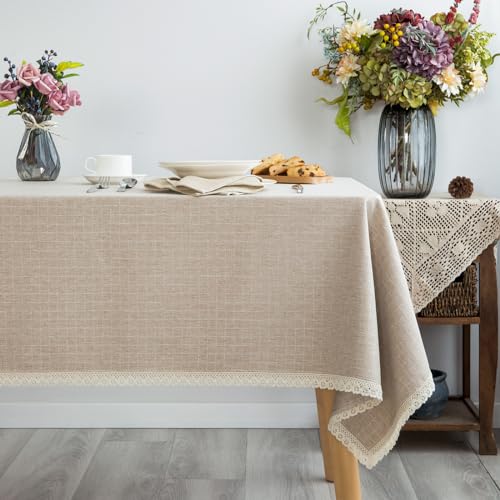 GLORY SEASON Textured Tablecloth Linen-Look Rustic Burlap Style Washable Solid Heavy Weight Lace Trim Rectangle Fabric Table Cloth,Table Cover for Kitchen Dinning Tabletop Decoration55x70 in Beige - size: 70" x 55" (Rectangular)