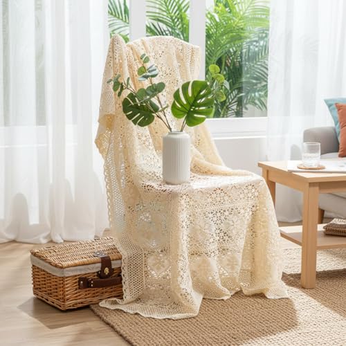 Tegeme Boho Throw Blanket 50"x60" Vintage 100% Handmade Crochet Cotton Throw Blankets, Lightweight Lace Knit for Couch, Bed Decor, Boho Photo Prop, Valentines Gifts for Women