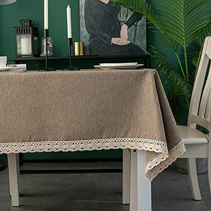 EHouseHome Faux Linen Tablecloth with Lace Trim - Waterproof/Spill Proof/Stain Resistant/Wrinkle Free/Oil Proof - for Banquet, Parties, Dinner,Kitchen,Wedding,Coffee,Holiday,Flax,Square 52X52Inch - color: Flax, size: 52" x 52" (Square)