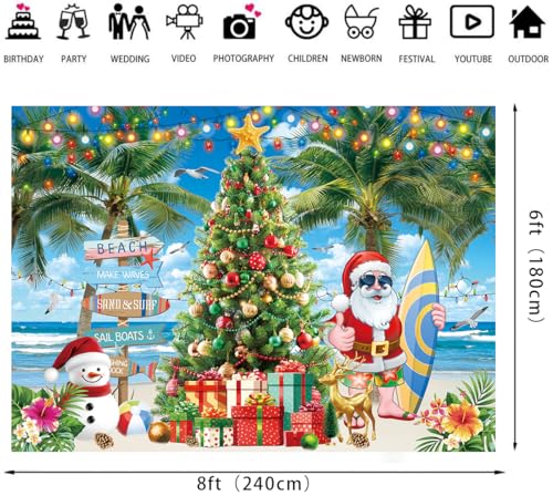 July Christmas Backdrop Summer Beach Santa Claus Christmas Tree Photography Background 8x6FT Tropical Hawaiian Xmas Party Decorations Supplies Photo Props - size: 8x6FT: 96x72 inch