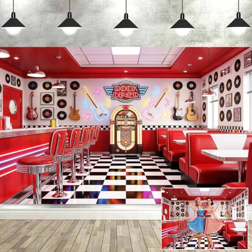 5X3ft 1950s Diner Party Backdrop Retro Red 50s Rock and Roll Diner Classic Decoration Photography Background 50s Sock Hop Party Banner Decor - color: Multi5, size: 5x3ft