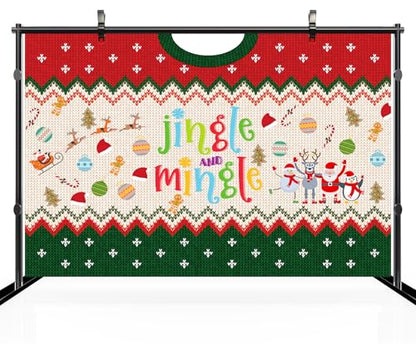 7x5ft Jingle and Mingle Backdrop Christmas Trees Santa Claus Xmas Balls Gingerbread Man Red Green Sweater Theme Background Xmas Eve New Year Party Decor Portrait Photo Booth Studio Props - size: 7x5FT