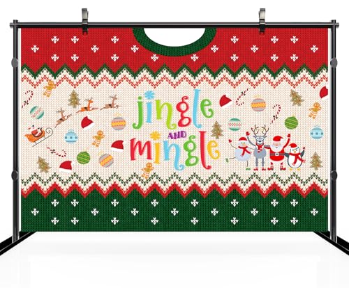 8x6ft Jingle and Mingle Backdrop Christmas Trees Santa Claus Xmas Balls Gingerbread Man Red Green Sweater Theme Background Xmas Eve New Year Party Decor Portrait Photo Booth Studio Props - size: 8x6FT