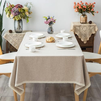 GLORY SEASON Lace Trim Tablecloth Linen-Look Textured Rustic Style Machine Washable Solid Heavy Weight Rectangle/Oblong Table Cloth Cover for Kitchen Dinning Tabletop Decoration 55x102 in Beige - size: 102" x 55" (Rectangular)