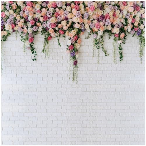 10X10FT White Brick with Flowers Backdrop Occasions Mother's Day Wedding Bridal Shower Birthday Party Banner Background Supplies DH-357 - size: 10X10FT