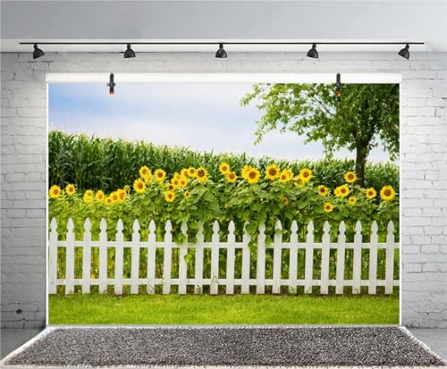 Leyiyi Spring Natural Scenery Backdrop 15x10ft Photography Backdrop Blossoming Yellow Sunflowers Tall Lush Tree White Wooden Textured Fence Family Children Baby Girl Personal Portraits Studio Props - size: 15x10ft