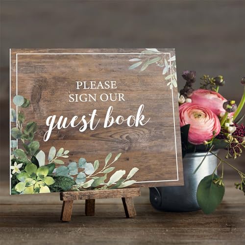 Lush Greenery Please Sign Our Guestbook Sign / 8" x 9" Flat Rustic Faux Wood Wedding Guest Signature Sign/Modern Floral Plastic Table Top Plaque/Made In The USA - color: Lush Greenery, style: Guestbook