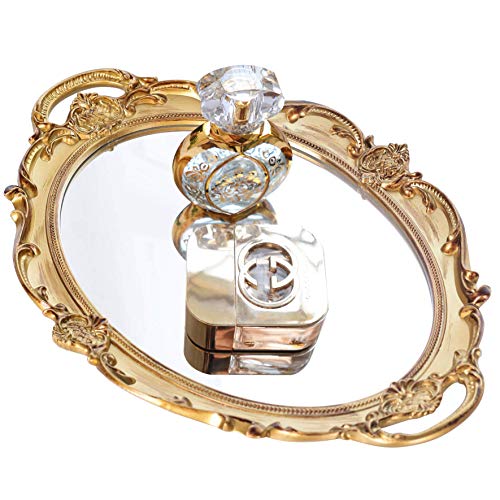 PortPlugs Mirrored Tray,Decorative Mirror for Perfume Organizer Jewelry Dresser Organizer Tray & Display,Vanity Tray,Serving Tray,9.8'' x 14''(Gold)