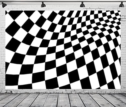 BELECO 10x6.5ft Fabric Black and White Checkered Backdrop Racing Checker Chess Board Texture Grid Checkerboard Wave Background Racing Themed Party Supplies Birthday Decorations Photo Studio Props - size: 10x6.5FT