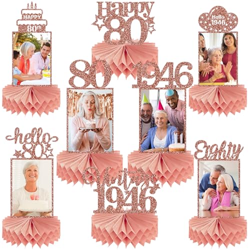 Guiruiy 8Pcs 80th Birthday Decorations Honeycomb Centerpieces for Womens, Pink Rose Gold Glitter Vintage 1946 80 Birthday Photo Table Centerpieces Party Supplies, Pink Eighty Bday Photo Table Topper - style: Rose Gold 80th