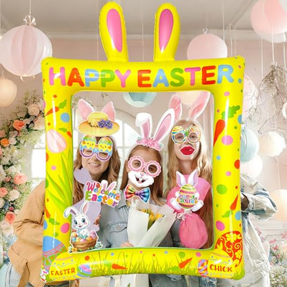 Happy Easter Inflatable Photo Frame & Props Set, 30Pcs Easter Photo Props with Giant Inflatable Picture Frame for Easterday Party Selfie Supplies - color: Easter