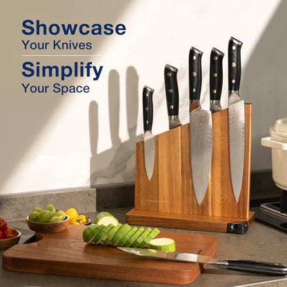 Gourmetop Magnetic Knife Holder with Built-in Sharpener, 100% Acacia Wood Magnetic Knife Block without Knives, Strong Double-Sided Magnetic Knife Holder for Kitchen Countertop Organization, Light Wood - color: Light Wood