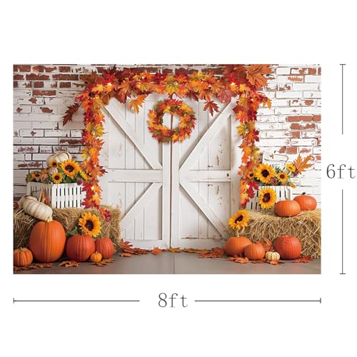 MEHOFOND 8x6ft Fall Thanksgiving Photography Backdrop Autumn Rustic Barn Wooden Door Brick Wall Background Pumpkin Maple Wreath Haystack Sunflower Harvest Party Decorations for Portrait Photo Props - size: 8x6ft