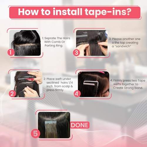 Beauty & Crafts Tape in Hair Extension Tools Kit with Flat Surface Stainless Steel Tape in Hair Extensions Sealing Clamp Plier, 2 Hair Parting Rings, 3 Hair Clips With Leather Pouch (Pink)