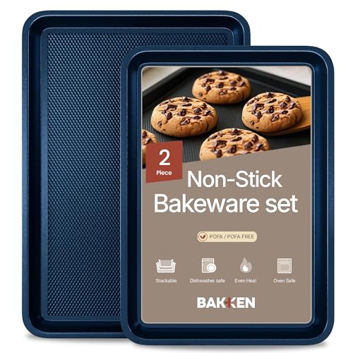 Diamond Bottom Cookie Sheet Set of 2, Nonstick Blue Carbon Steel Baking Pans for Crisp Baking, Space-Saving Stackable Trays, PFOA, PFOS, PTFE Free, Oven Safe Up to 450°F, Small & Medium Pans - color: Blue, size: Pack of 2