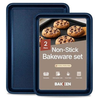 Diamond Bottom Cookie Sheet Set of 2, Nonstick Blue Carbon Steel Baking Pans for Crisp Baking, Space-Saving Stackable Trays, PFOA, PFOS, PTFE Free, Oven Safe Up to 450°F, Small & Medium Pans - color: Blue, size: Pack of 2