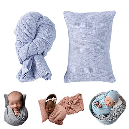 Coberllus Newborn Photography Props Blanket Stretch Knitted Twist Wrap & Posing Pad Prop for Baby Boys Girls Photo Shoot Set (Light Blue) - color: Light Blue