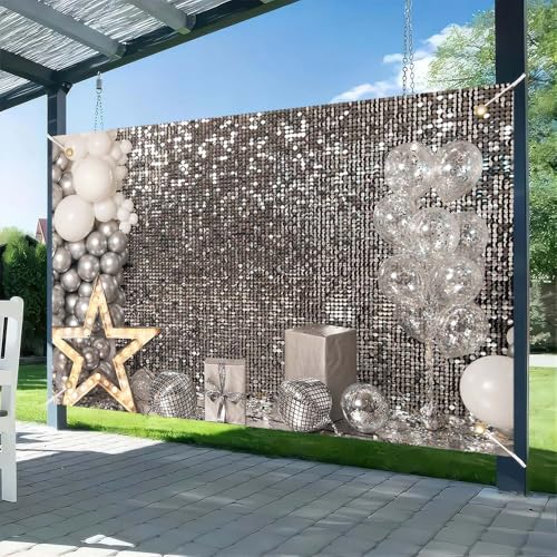 6×4FT Silver Sequin Glitter Star Balloon Box Photo Backdrop Happy Birthday Shimmer Wall Photography Background Baby Shower Newborn Celebration Party Banner Decoration Supplies Polyester - size: 6x4FT