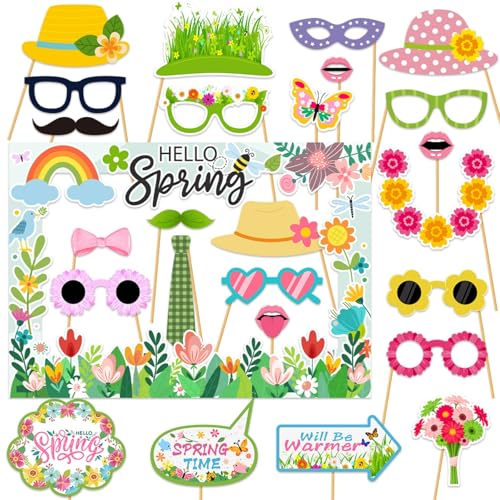 Hello Spring Party Photo Booth Props Kit- 25 Pcs Spring Photo Booth Props with 1 Paper Photo Frame for Spring Summer Easter Flower Themed Birthday Party Decorations