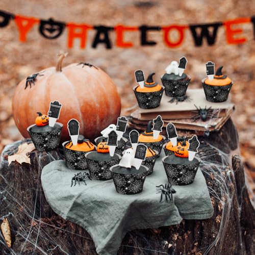 48 Pack Halloween Cupcake Toppers and Black Spider Web Wrappers, Tombstones Skeleton Cupcake Picks Decoration for Halloween Party Birthday Party Supplies - style: Halloween