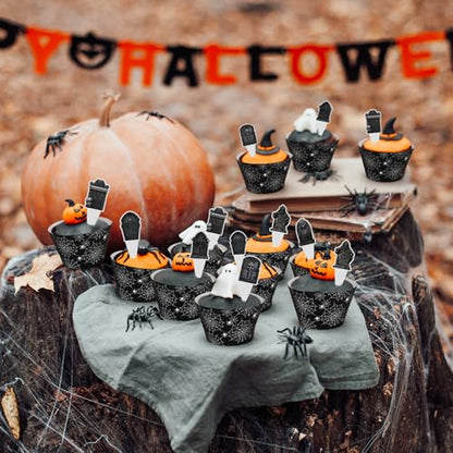 48 Pack Halloween Cupcake Toppers and Black Spider Web Wrappers, Tombstones Skeleton Cupcake Picks Decoration for Halloween Party Birthday Party Supplies - style: Halloween