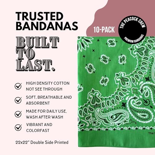 The Peacock Crew Premium Soft Cotton Bandanas Pack for Men and Women Paisley 22 x 22 inches - color: Pack of 10 Golf Green