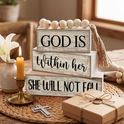 Lineshading 4 Pcs Christian Table Decor Rustic Wooden Block Sign Set with God Is Within Her She Will Not Fall Farmhouse Stacked Decor with Beaded Garland Tassel Christian Home Decors for Office, Shelf - style: Bead