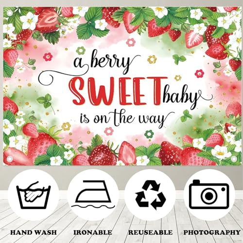 Fabric 6x4ft Strawberry Baby Shower Backdrop A Berry Sweet Baby is on The Way Photography Background Strawberry Girl 1st Birthday Newborn Party Decorations Banner Kids Adults Photo Shoot Props - size: 6x4ft(WxH)